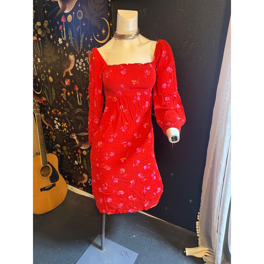 Billabong Red Floral Smocked Mini Dress Long Sleeve Crinkle Gauze XS